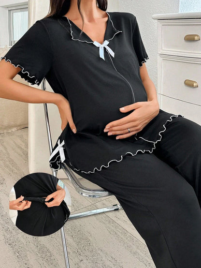 Maternity Pajama Set - Romantic Solid Color Milk Silk Bow Design Nursing Sleepwear, Pregnancy