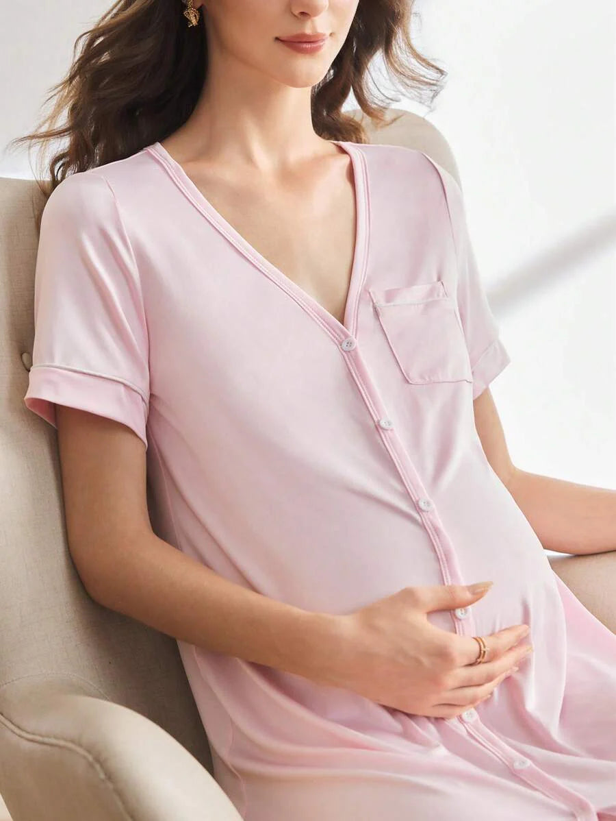 Striped Long Casual Maternity Loungewear With Front Pocket And Regular Short Sleeves