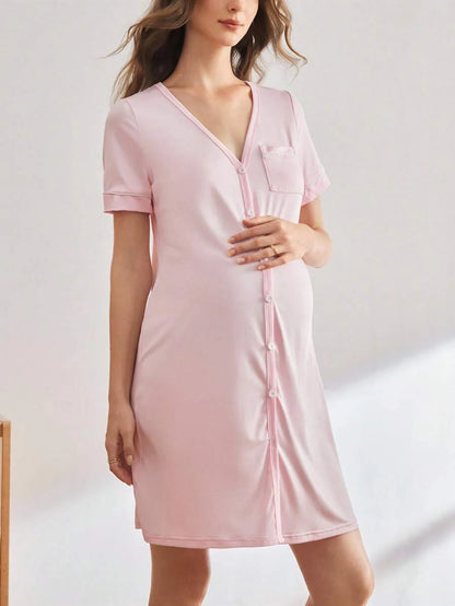 Mama Maternity Solid Color V-Neck Short Sleeve Pocket Single-Breasted Casual Dress Maternity Sleepwear