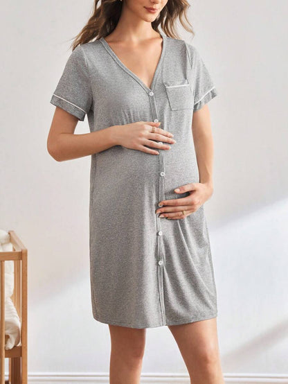 Striped Long Casual Maternity Loungewear With Front Pocket And Regular Short Sleeves