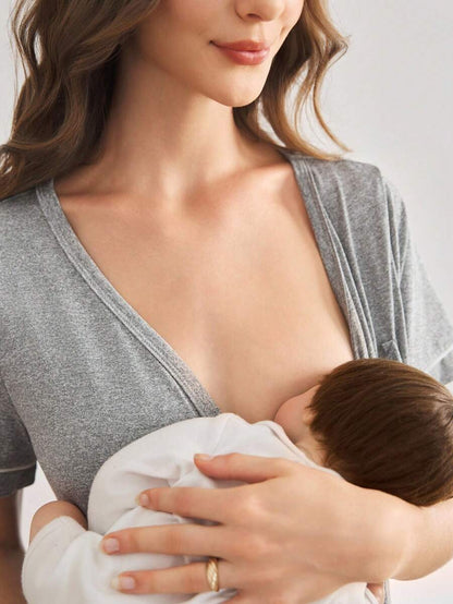 Striped Long Casual Maternity Loungewear With Front Pocket And Regular Short Sleeves