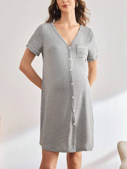 Mama Maternity Solid Color V-Neck Short Sleeve Pocket Single-Breasted Casual Dress Maternity Sleepwear