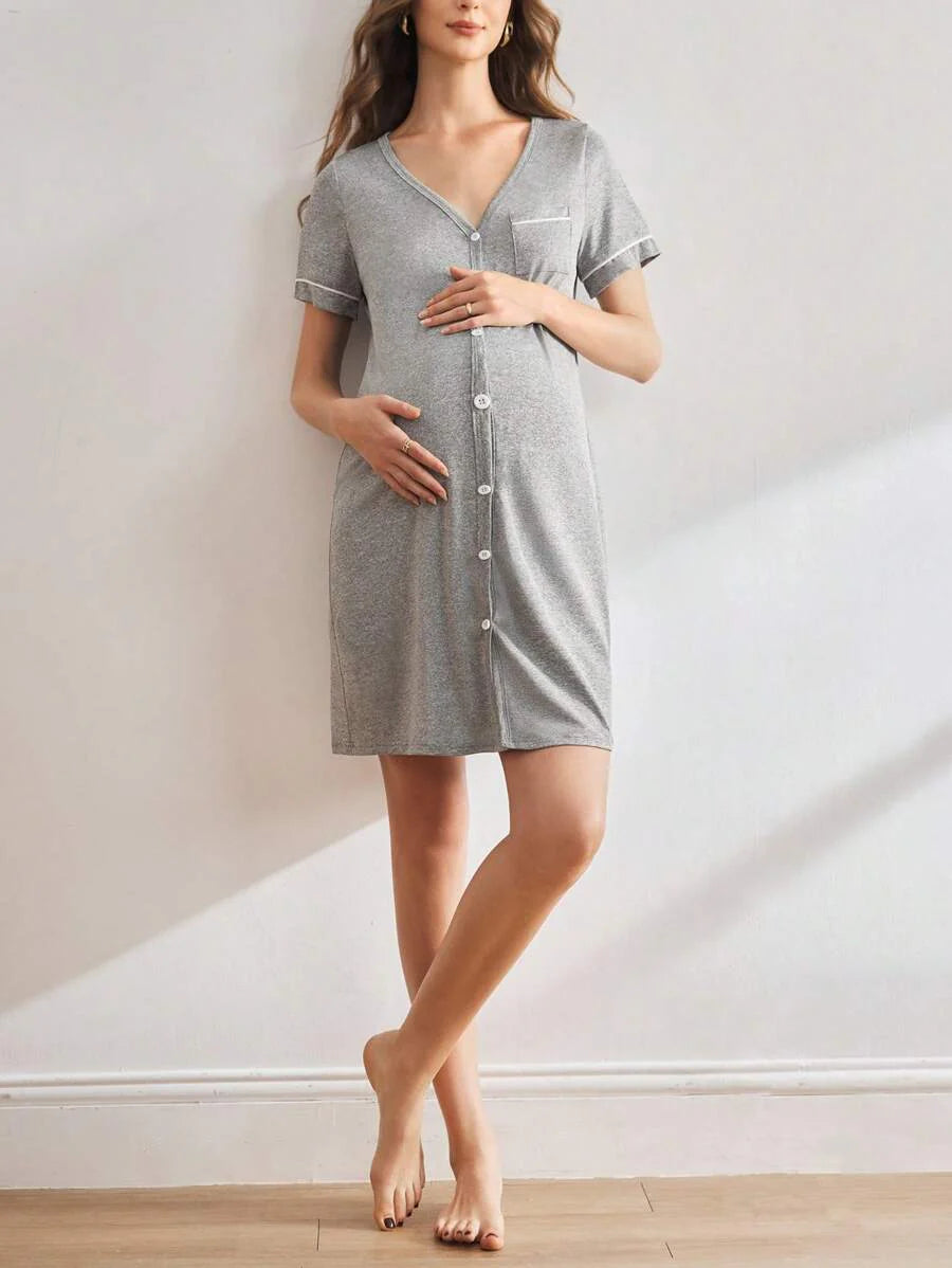 Maternity Dress - V Neck Short Sleeve Single Breasted Casual Nursing Sleepwear, Pregnancy Lounge