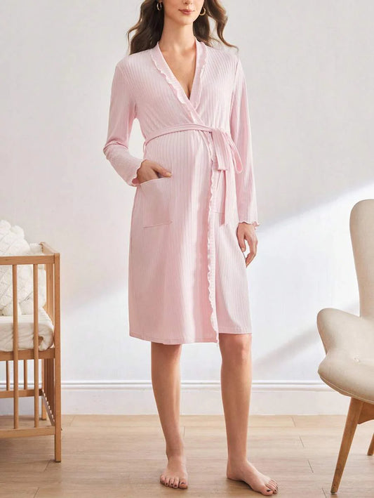 Pink Maternity Dressing Gown Shawl Collar Long Sleeve Cozy Loungewear Robe Women Fall Winter Sleepwear