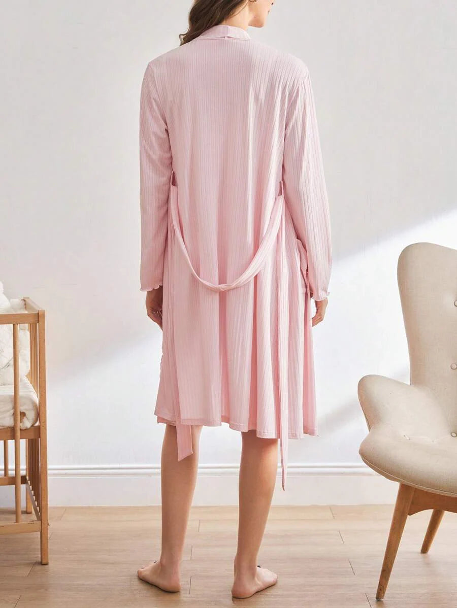 Pink Maternity Dressing Gown Shawl Collar Long Sleeve Cozy Loungewear Robe Women Fall Winter Sleepwear