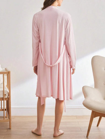Pink Maternity Dressing Gown Shawl Collar Long Sleeve Cozy Loungewear Robe Women Fall Winter Sleepwear