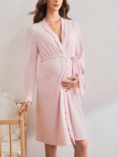 Pink Maternity Dressing Gown Shawl Collar Long Sleeve Cozy Loungewear Robe Women Fall Winter Sleepwear
