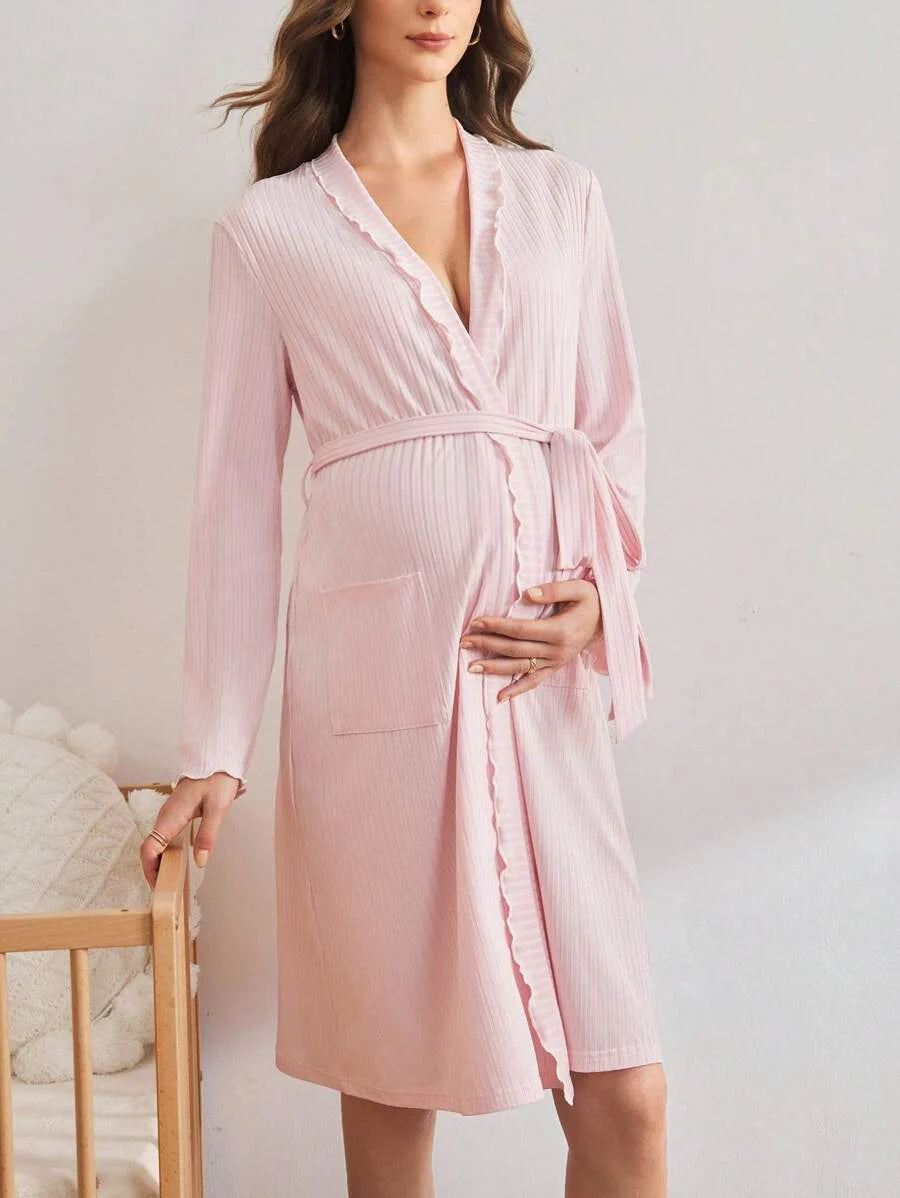 Pink Maternity Dressing Gown Shawl Collar Long Sleeve Cozy Loungewear Robe Women Fall Winter Sleepwear