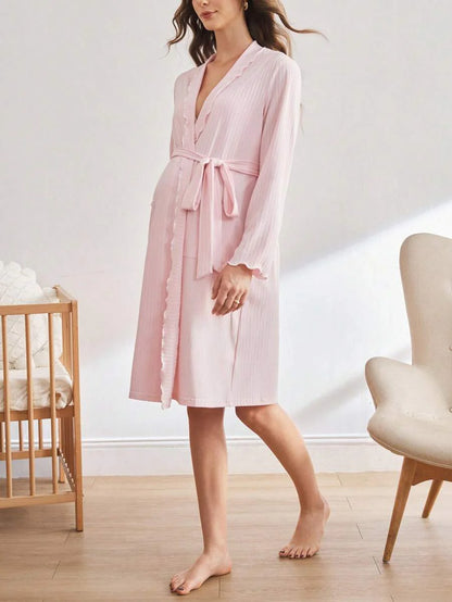 Pink Maternity Dressing Gown Shawl Collar Long Sleeve Cozy Loungewear Robe Women Fall Winter Sleepwear