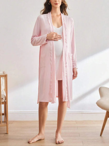 Pink Maternity Dressing Gown Shawl Collar Long Sleeve Cozy Loungewear Robe Women Fall Winter Sleepwear