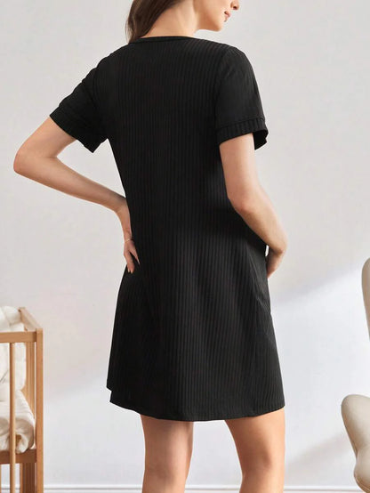 Maternity Ribbed Nursing Nightgown Women Short Sleeve Button Sleepwear Pajama Dress