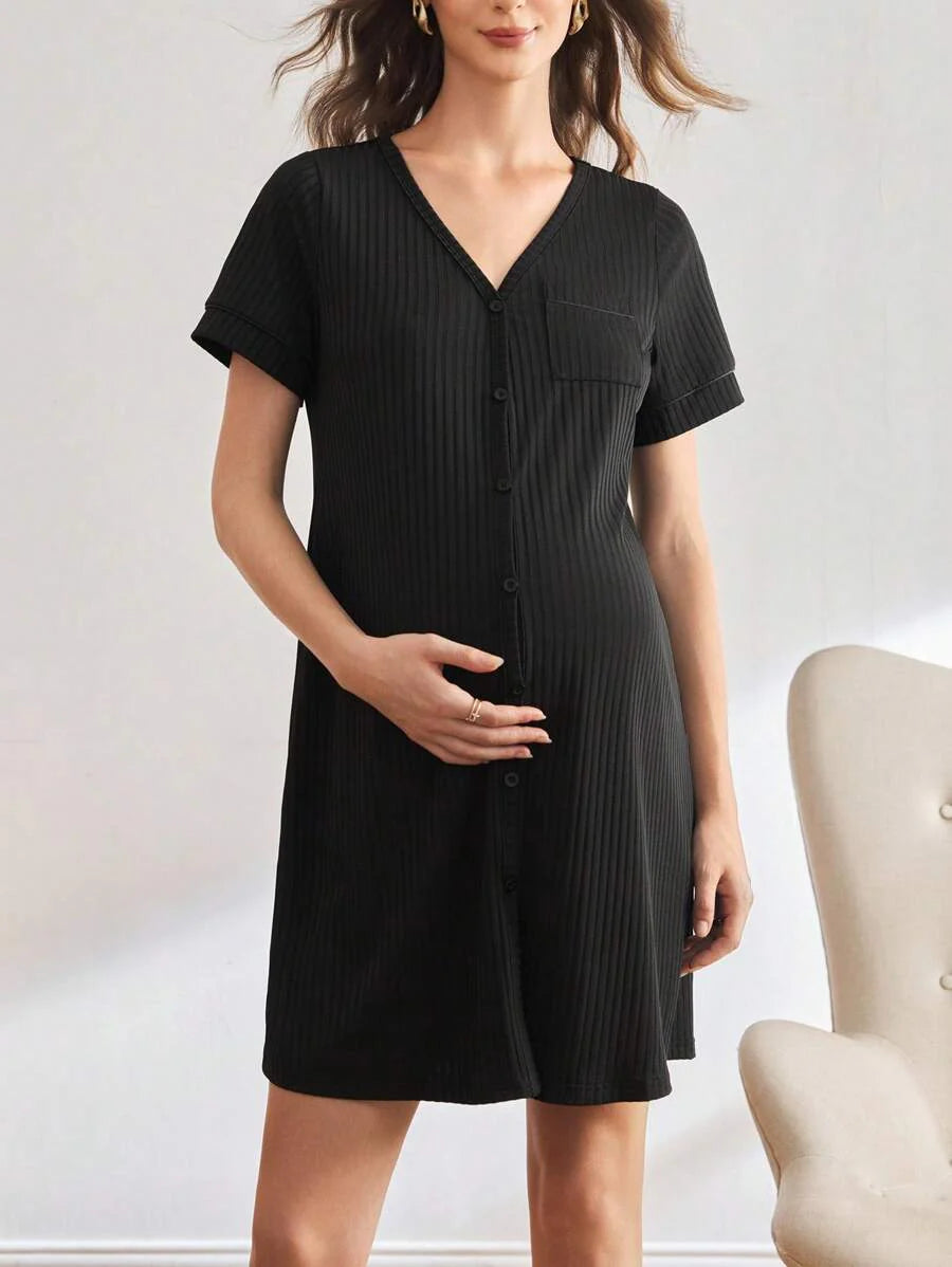 Maternity Ribbed Nursing Nightgown Women Short Sleeve Button Sleepwear Pajama Dress