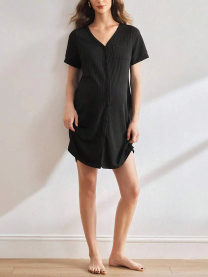 Maternity Ribbed Nursing Nightgown Women Short Sleeve Button Sleepwear Pajama Dress