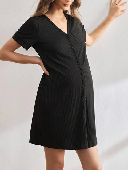 Maternity Short Sleeve Ribbed Nursing Nightgown - Button Front Fashion Loungewear, Breastfeeding