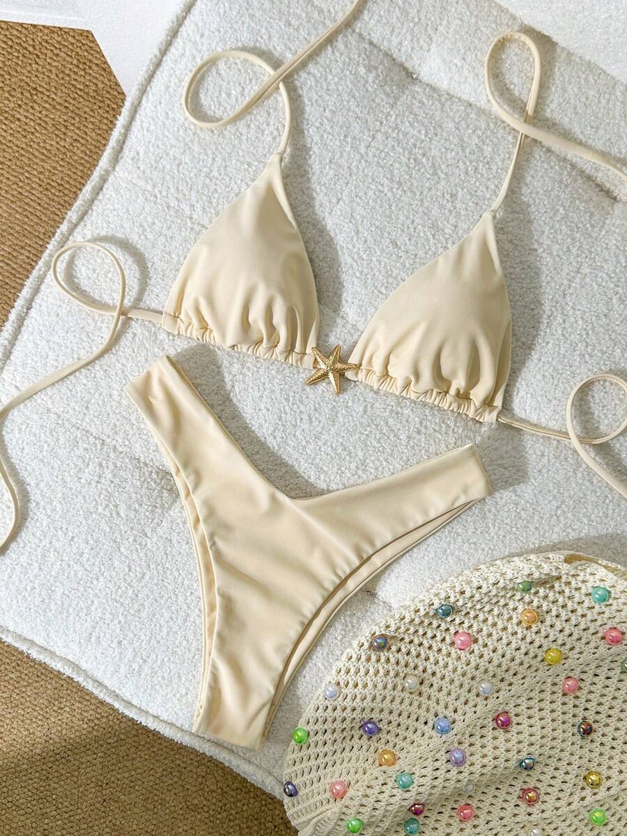 Swim Vcay Women's Solid Color Spaghetti Strap Metal Decor Sexy Bikini Set, Summer