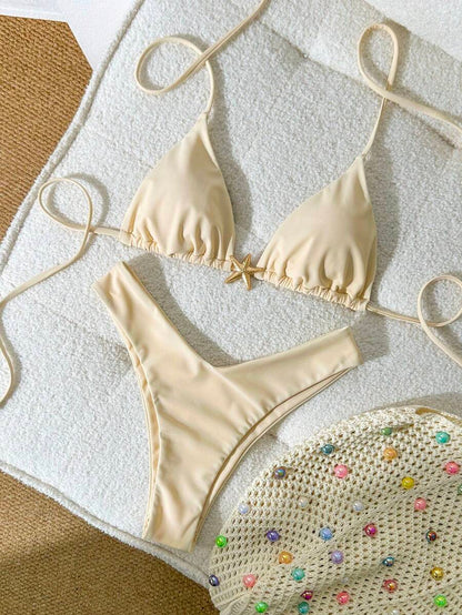 Swim Vcay Women's Solid Color Spaghetti Strap Metal Decor Sexy Bikini Set, Summer