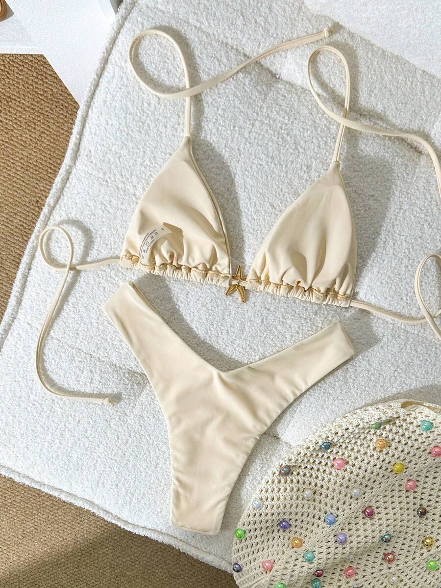 Swim Vcay Women's Solid Color Spaghetti Strap Metal Decor Sexy Bikini Set, Summer