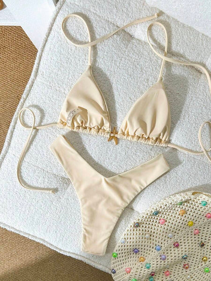 Swim Vcay Women's Solid Color Spaghetti Strap Metal Decor Sexy Bikini Set, Summer