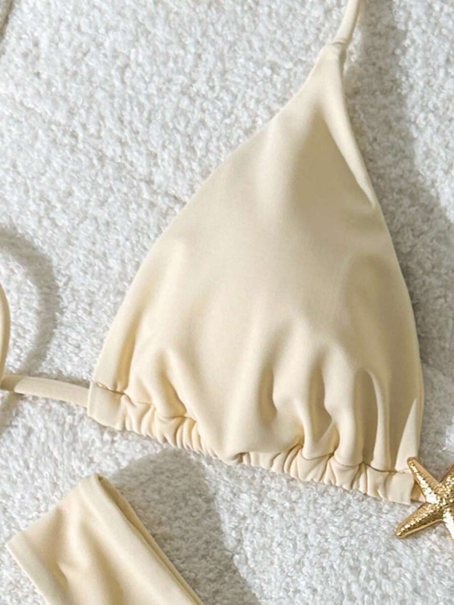 Swim Vcay Women's Solid Color Spaghetti Strap Metal Decor Sexy Bikini Set, Summer