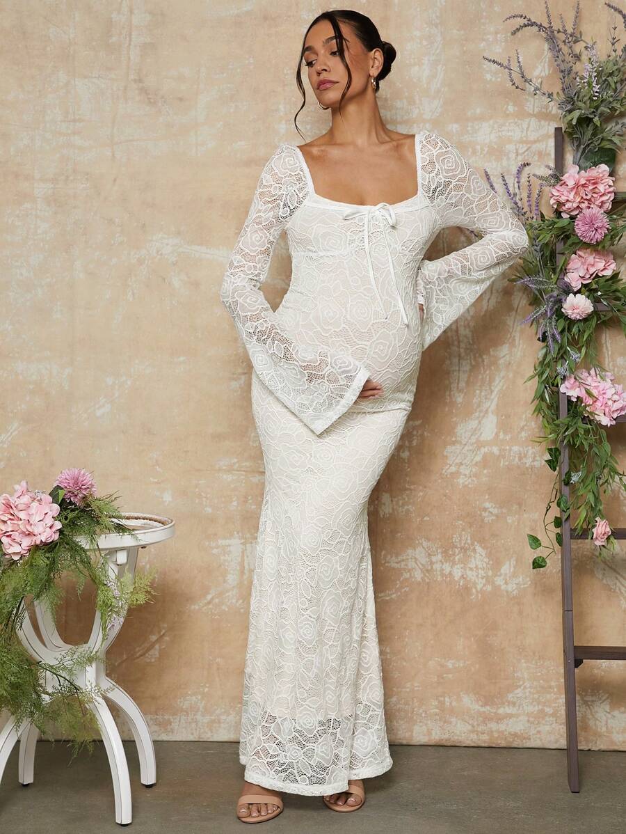 White Lace Flare Sleeve Fitted Mermaid Hem Maternity Dress