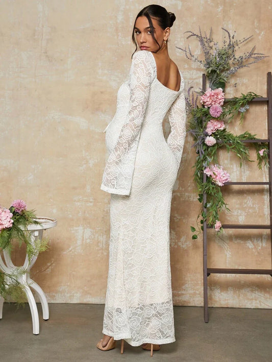 White Lace Flare Sleeve Fitted Mermaid Hem Maternity Dress