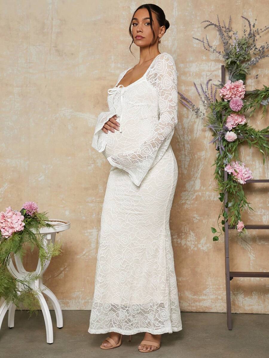 White Lace Flare Sleeve Fitted Mermaid Hem Maternity Dress