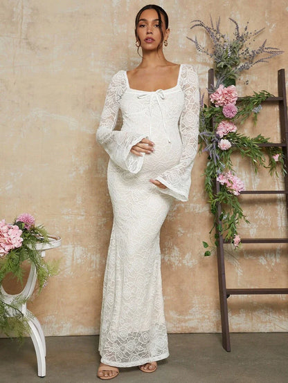 White Lace Flare Sleeve Fitted Mermaid Hem Maternity Dress
