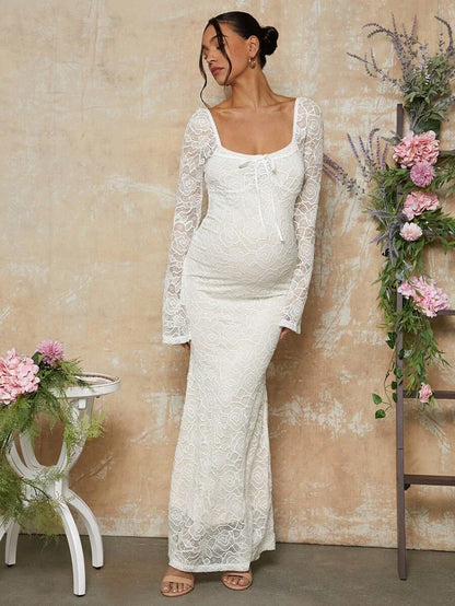 White Lace Flare Sleeve Fitted Mermaid Hem Maternity Dress