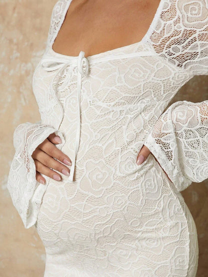 White Lace Flare Sleeve Fitted Mermaid Hem Maternity Dress