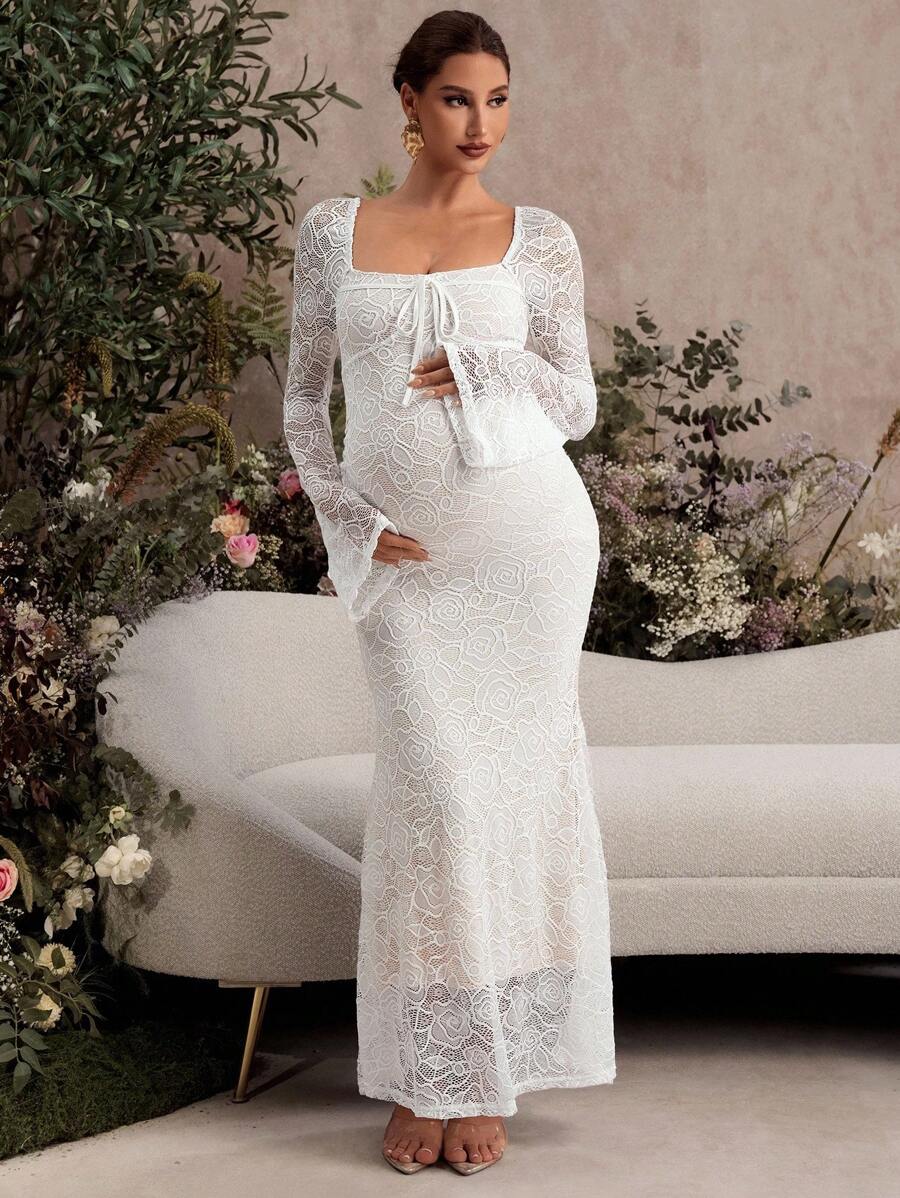 White Lace Flare Sleeve Fitted Mermaid Hem Maternity Dress