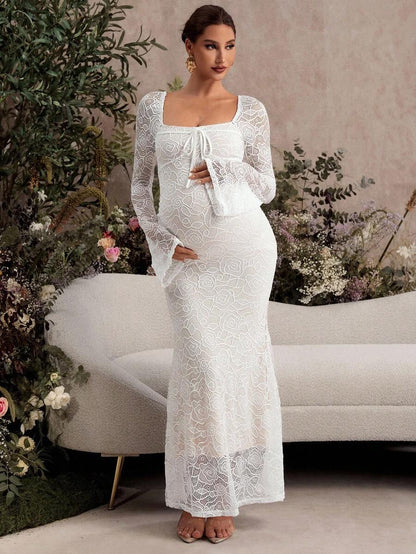 White Lace Flare Sleeve Fitted Mermaid Hem Maternity Dress