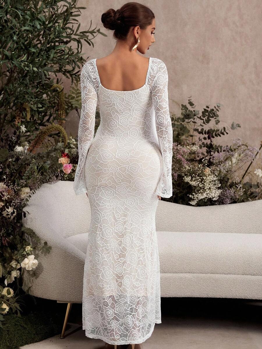 White Lace Flare Sleeve Fitted Mermaid Hem Maternity Dress