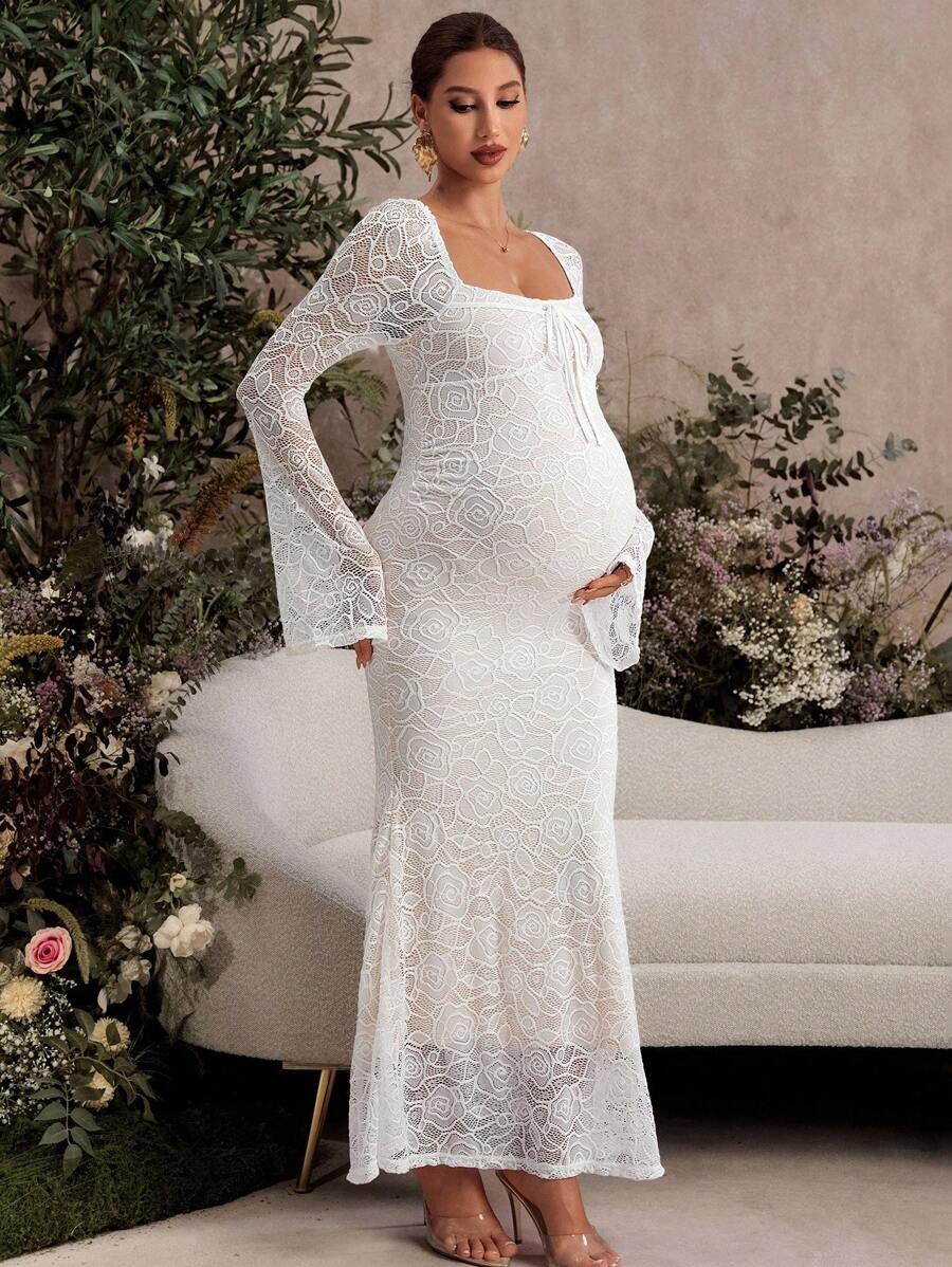 White Lace Flare Sleeve Fitted Mermaid Hem Maternity Dress