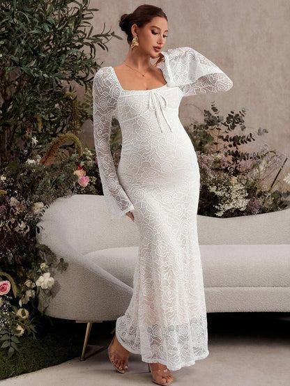 White Lace Flare Sleeve Fitted Mermaid Hem Maternity Dress