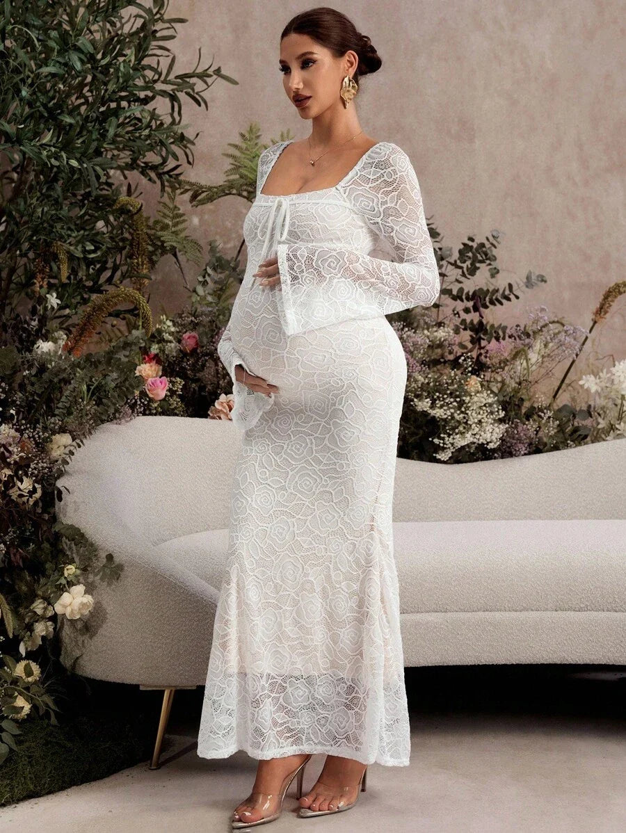 White Lace Flare Sleeve Fitted Mermaid Hem Maternity Dress