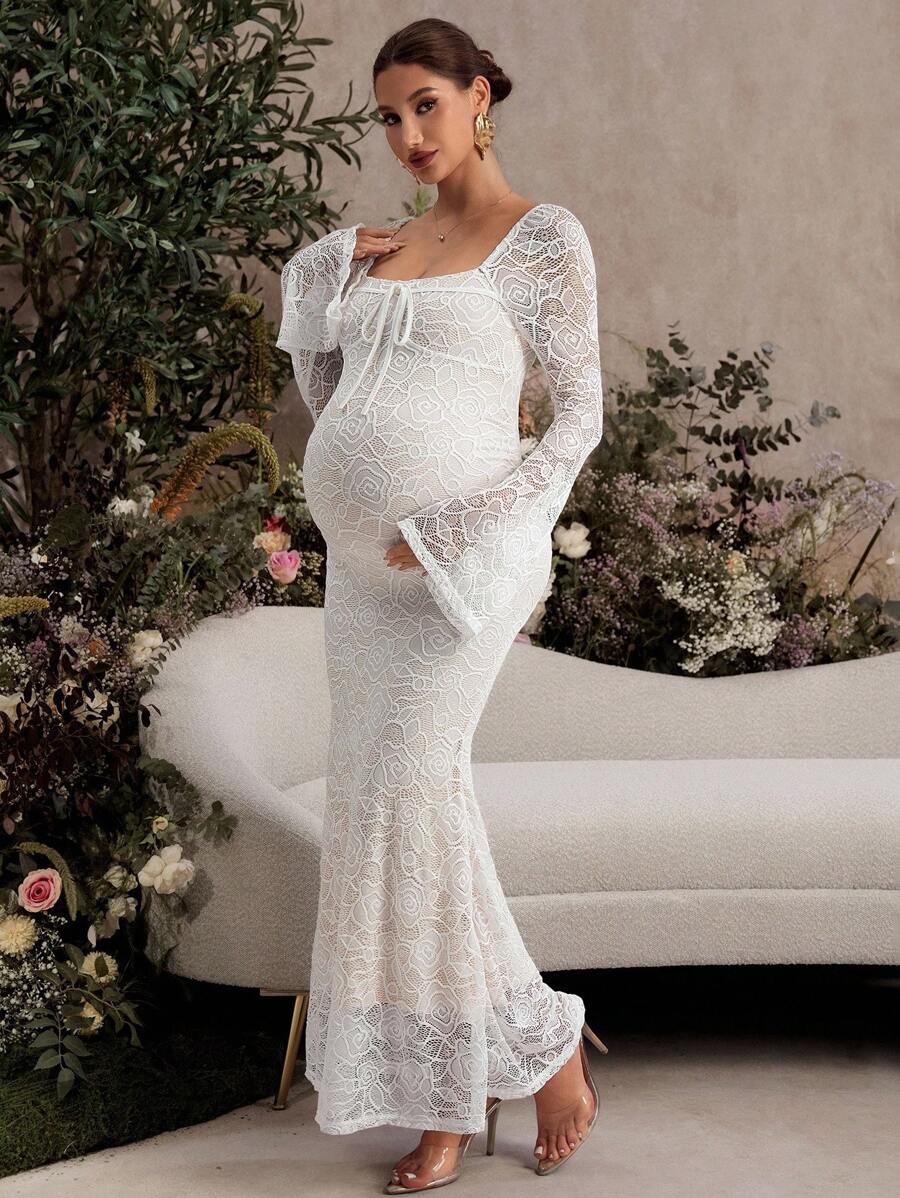 White Lace Flare Sleeve Fitted Mermaid Hem Maternity Dress