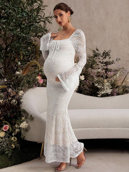 White Lace Flare Sleeve Fitted Mermaid Hem Maternity Dress