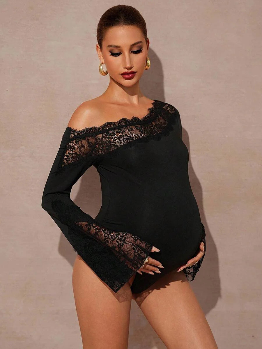 Maternity Solid Color Lace Patchwork Asymmetrical Shoulder Flare Sleeve Sexy Jumpsuit Fall Winter Clothes Off The Shoulder