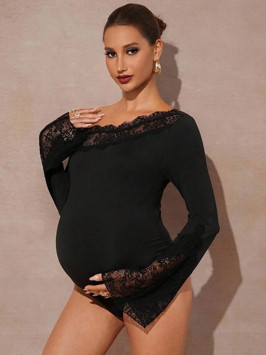 Maternity Solid Color Lace Patchwork Asymmetrical Shoulder Flare Sleeve Sexy Jumpsuit Fall Winter Clothes Off The Shoulder