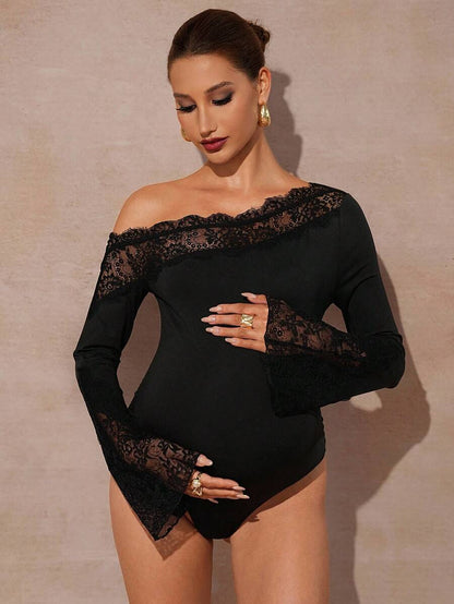 Maternity Solid Color Lace Patchwork Asymmetrical Shoulder Flare Sleeve Sexy Jumpsuit Fall Winter Clothes Off The Shoulder