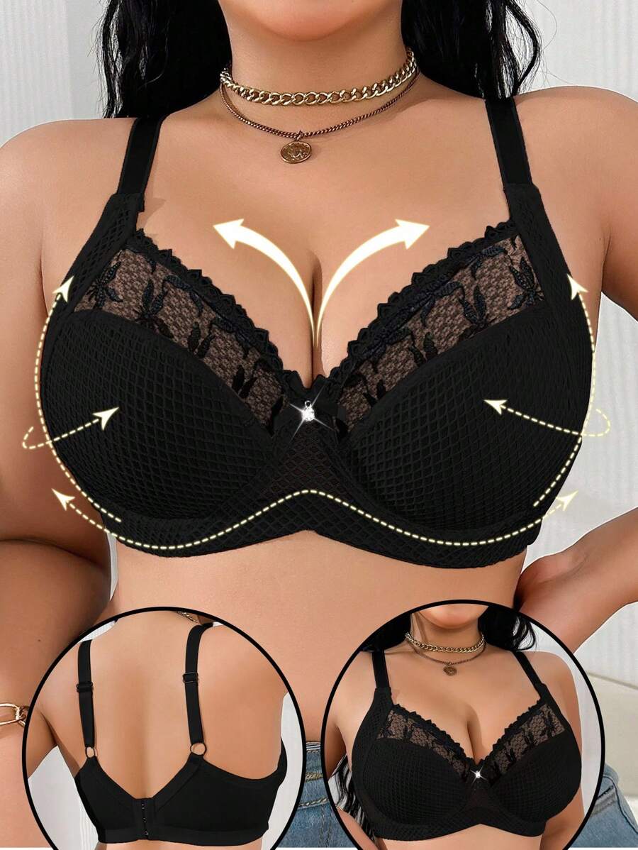 1pc Plus Size Women Lace Applique Mesh Underwire Bra, Lift