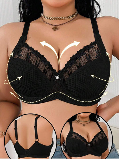 1pc Plus Size Women Lace Applique Mesh Underwire Bra, Lift