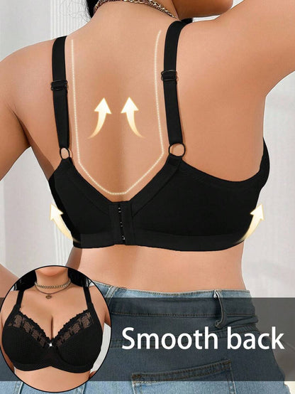 1pc Plus Size Women Lace Applique Mesh Underwire Bra, Lift