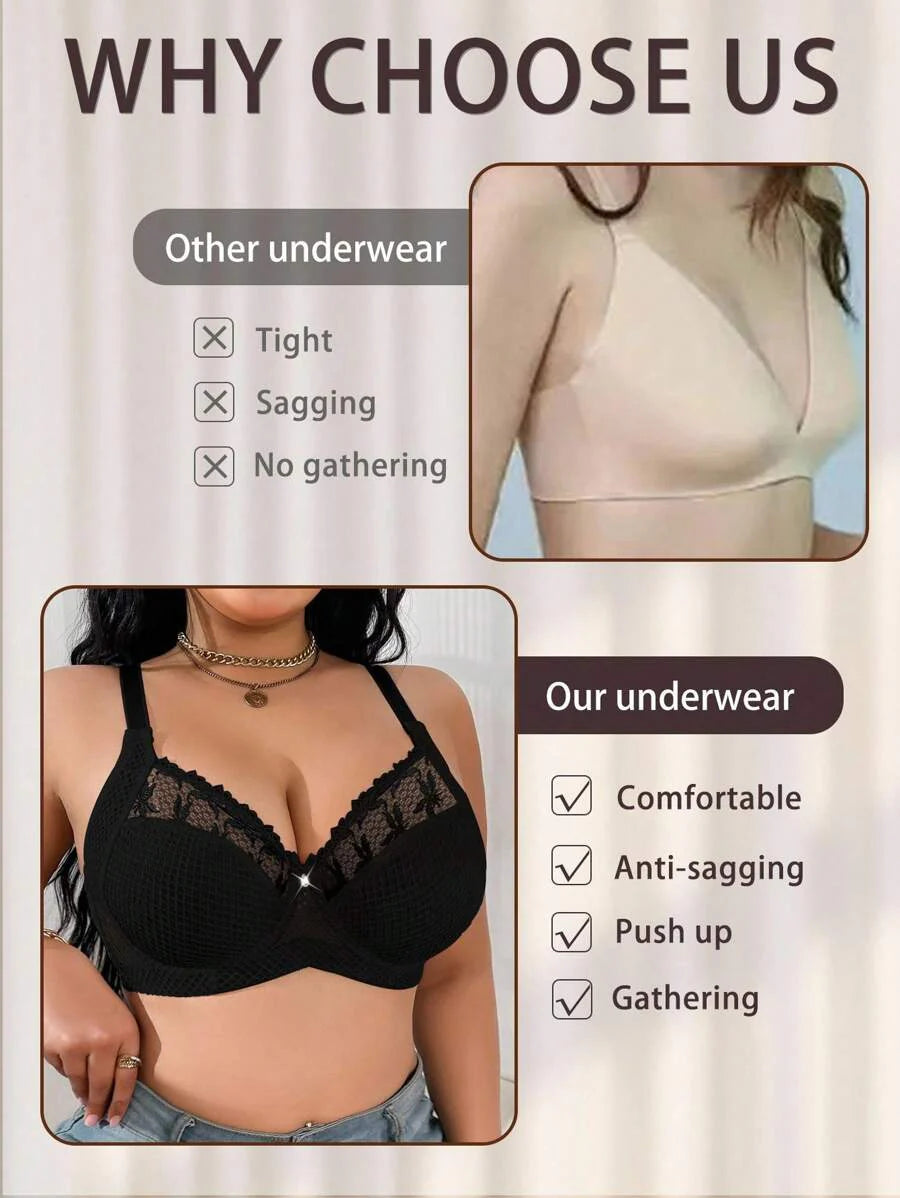 1pc Plus Size Women Lace Applique Mesh Underwire Bra, Lift
