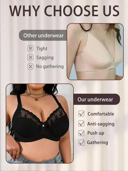 1pc Plus Size Women Lace Applique Mesh Underwire Bra, Lift