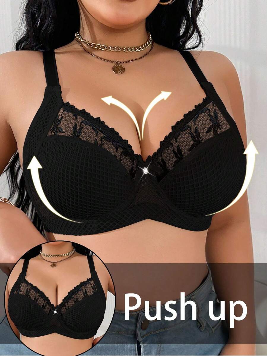 1pc Plus Size Women Lace Applique Mesh Underwire Bra, Lift