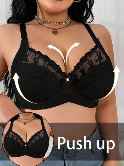 1pc Plus Size Women Lace Applique Mesh Underwire Bra, Lift