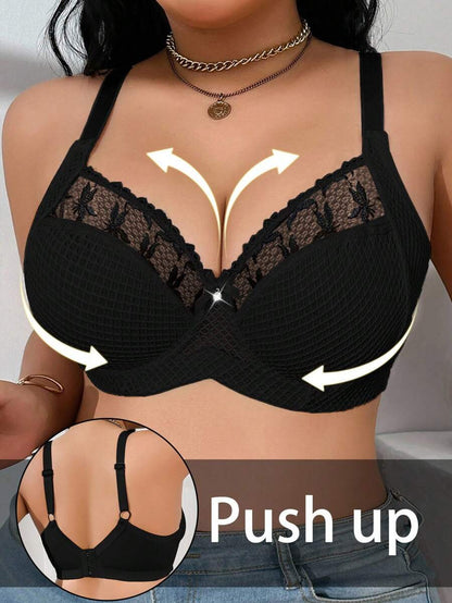 1pc Plus Size Women Lace Applique Mesh Underwire Bra, Lift