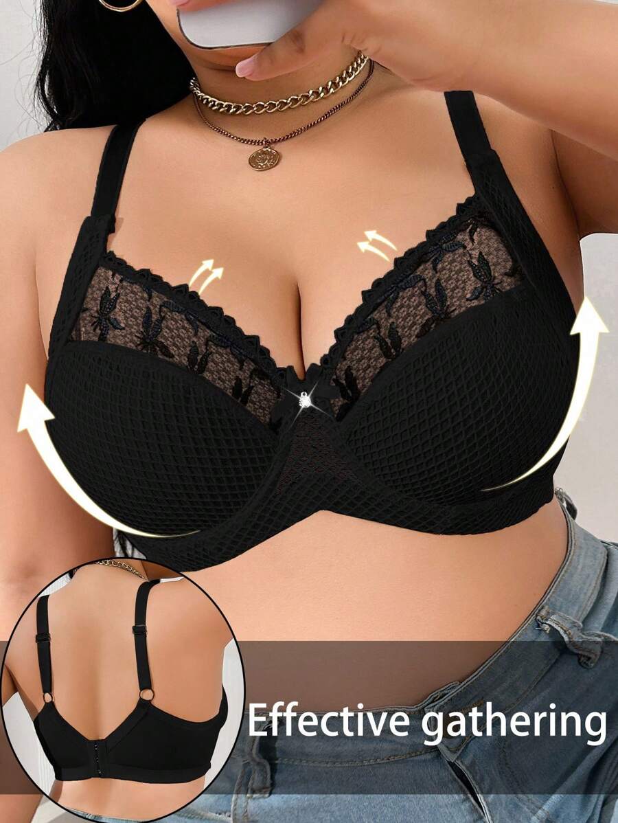 1pc Plus Size Women Lace Applique Mesh Underwire Bra, Lift