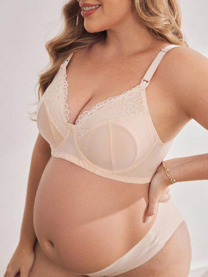 Plus Size Maternity Lingerie Bra With Hook, Underwire, Lace Patchwork, Nursing Friendly Design